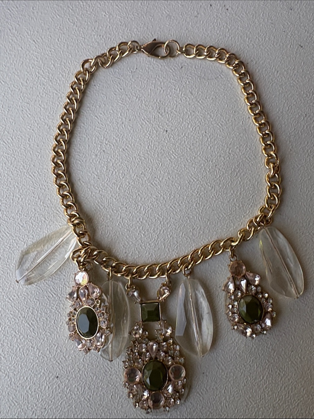 Gold Chain Statement Necklace with Olive Green and Clear Crystal Pendants